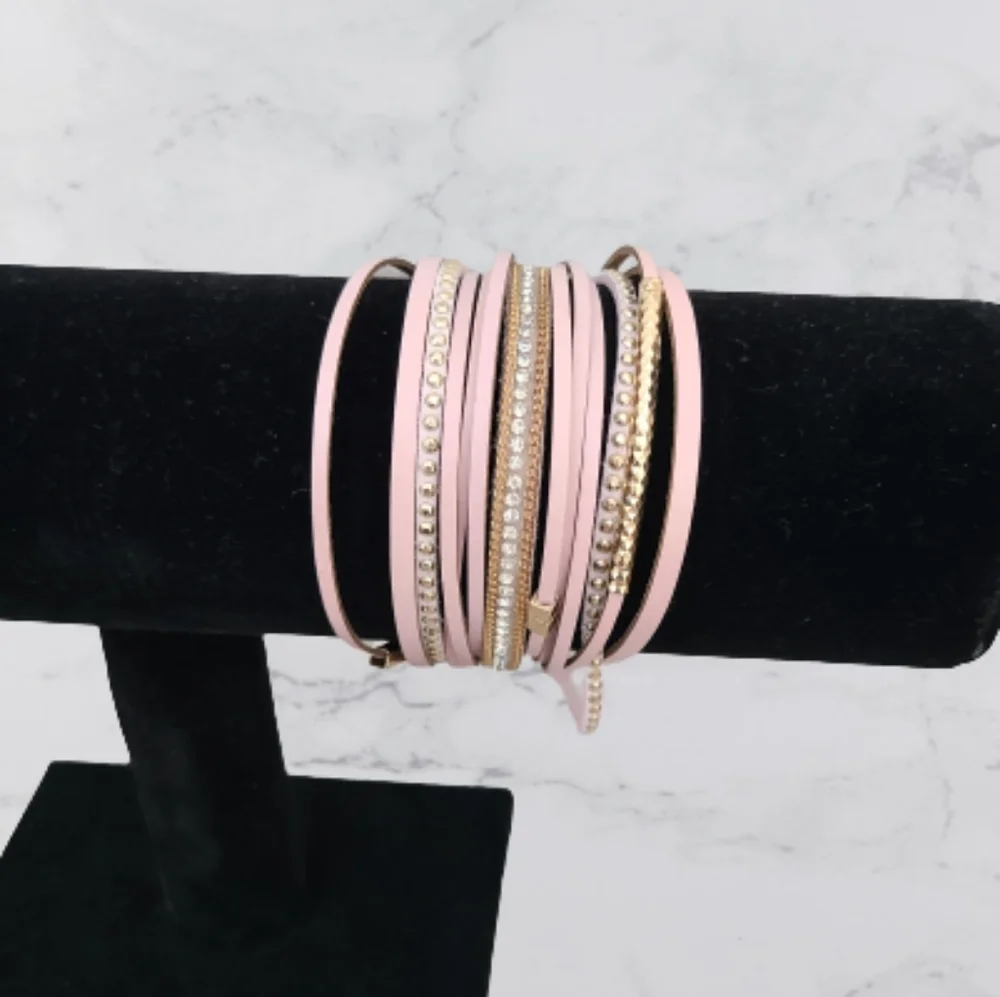 Bracelet leather pink gold and rhinestone